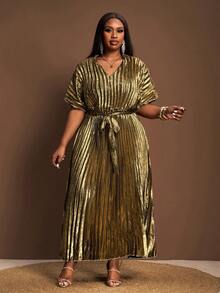 Veslaya 秋冬新款优雅派对/约会/晚宴/正式场合/生日/婚礼/毕业典礼宽松纯色V领连衣裙，腰间系带，闪亮面料，褶皱设计，大码长款连衣裙，派对礼服，优雅派对连衣裙，闪亮连衣裙，女士优雅连衣裙 - A - 香檳色 - 查看 6