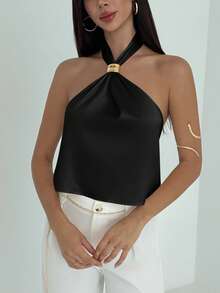 Aloruh توب بدون ظهر بتصميم عقدة مثير بأسلوب بودي كون للنساء - الأسود - مشاهدة 4
