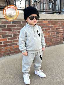 2pcs/Set Baby Boys Thermal Lined Crew Neck Sweatshirt And Jogger Pants Set, Comfortable & Versatile Daily Casual Outfit With Cute Graphic Designs, Suitable For Indoor, Outdoor, Skiing, Sports, Play, Party, Holidays In Autumn/Winter Baby Boy Winter Sets Baby Set Autumn Winter Season - Black and White - View 1