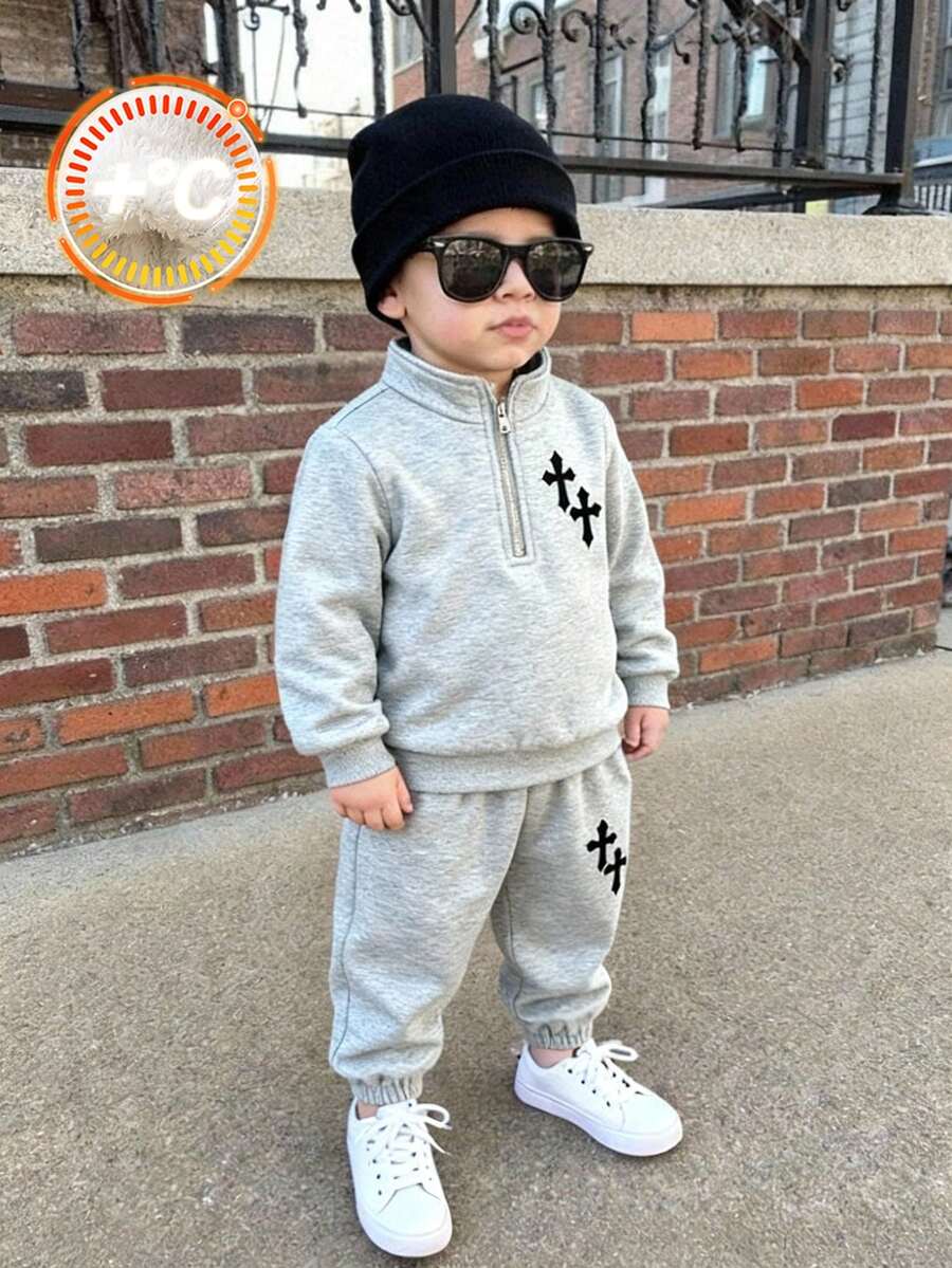 2pcs/Set Baby Boys Thermal Lined Crew Neck Sweatshirt And Jogger Pants Set, Comfortable & Versatile Daily Casual Outfit With Cute Graphic Designs, Suitable For Indoor, Outdoor, Skiing, Sports, Play, Party, Holidays In Autumn/Winter Baby Boy Winter Sets Baby Set Autumn Winter Season - Black and White - View 1