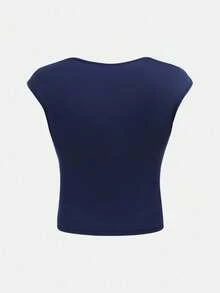 SHEIN 青少年女孩海军蓝针织纯色褶皱胸围甜美学院风休闲 T 恤，适合返校、可爱假日家庭户外秋季野餐、日常穿着海军蓝上衣修身上衣盖袖上衣