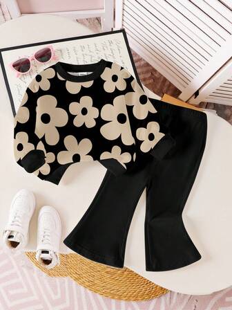 Souflis Souflis 1 Set Baby Girls Casual Floral Print Crew Neck Sweatshirt And Flare Pants Outfit, Suitable For Autumn/Winter Outings