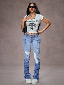 SHEIN Tall 高个子弹力做旧工装口袋水洗牛仔裤 - 中等水洗藍 - 查看 6