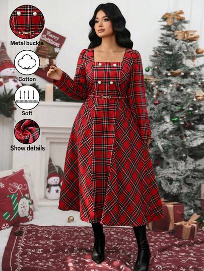 SHEIN Elenzya 大码女式格子方领长袖纽扣设计优雅连衣裙