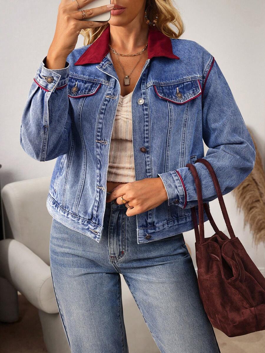 EMERY ROSE Áo khoác denim tay dài, cài nút đơn giản, ve áo màu tương phản, thời trang thu đông cho nữ - Màu xanh lam - Xem 1