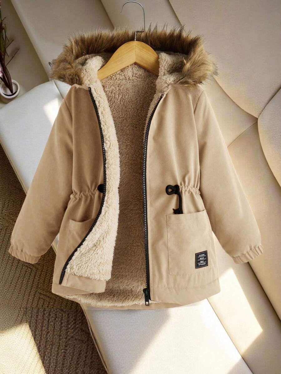 SHEIN 青少年女孩休閒寬鬆保暖內裡人造毛飾邊連帽中長版派克夾克 女孩冬季外套 女孩抓絨夾克 青少年女孩填充外套 兒童冬季穿著 女孩夾克 秋季 - 杏色 - 查看 1