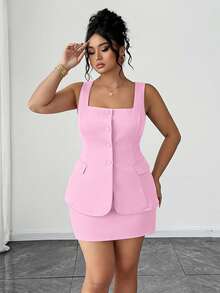 Elenzga 加大码弹力纹理面料无袖背心（带口袋装饰）+纹理面料裹身裙休闲套装，2件套 - 淺粉色 - 查看 6