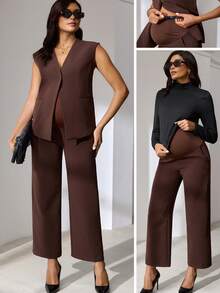 MaterniWear Bộ 2 món đồ bầu màu trơn đơn giản và quần - màu nâu - Xem 9