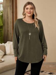 Rosumi Plus Size Women's Solid Color Army Green Round Neck Drop Shoulder Long Sleeve Button Design Casual Casual Loose T-Shirt, Autumn/Winter,Going Out,2025 New,Simple And Fashionable For Everyday Wear, Plus Size Winter,Christmas For Women, New Year,Thanksgiving For Women, Crew Neck Tops, Long Sleeve Tops, Plus Size Long Sleeve Tops - Army Green - View 6