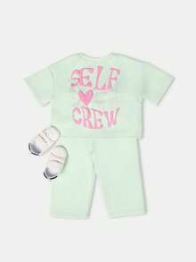 SUMWON Baby Girls Two Piece Set Self Love Crew T-Shirt Biker Shorts Matching Co-Ord Summer Spring Casual Outfit - Green - View 1