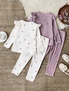 SHEIN 4pcs Baby Girls Autumn Fashion Elegant Sweet Cute Cap Sleeve Long Sleeve Top And Pants Set - Multicolor - View 2