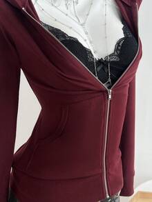 Elamini Women's Hooded Zip-Up Embroidered Fitted Long Sleeve Jacket - Burgundy - View 4