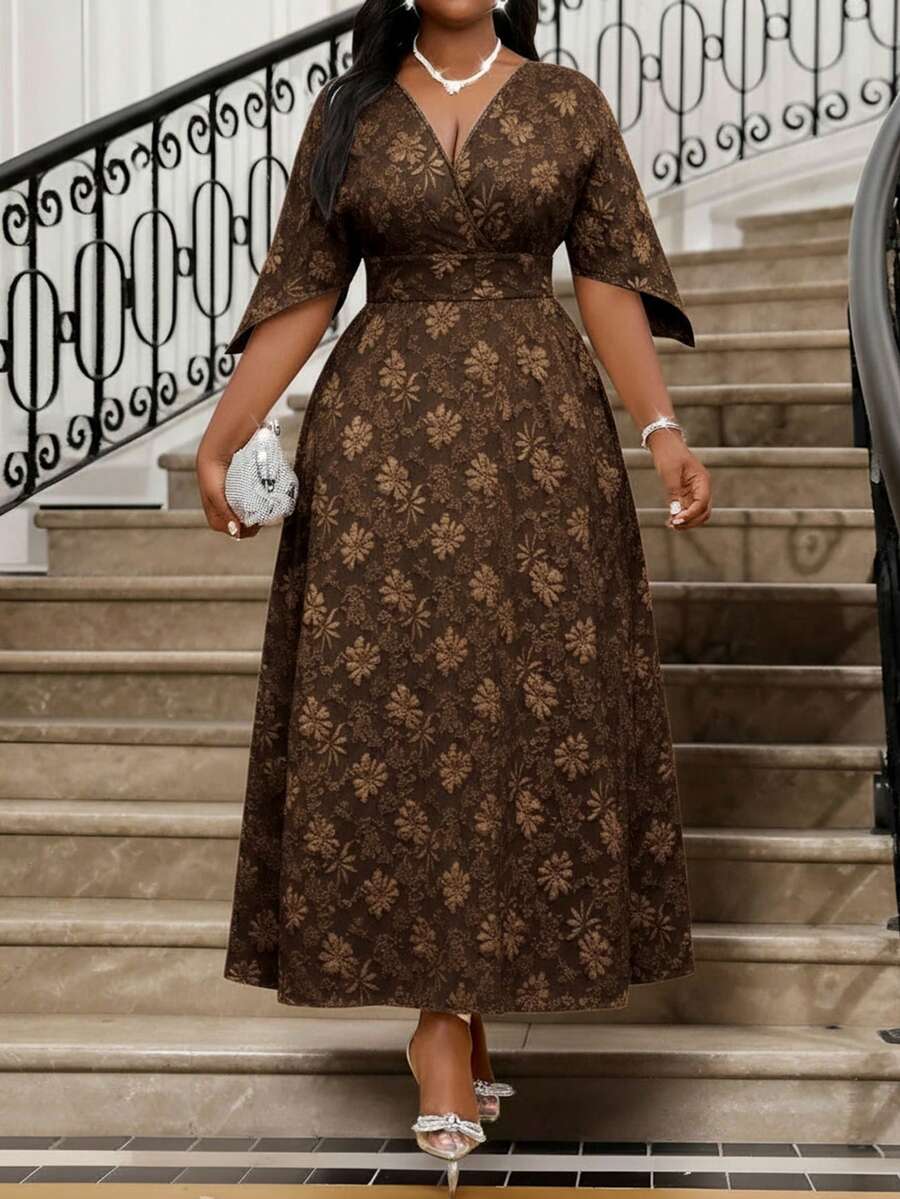 SHEIN Lady 春夏秋冬优雅派对通勤办公彩色编织缺角舞会礼服短袖卡夫坦连衣裙大码连衣裙 - 棕色 - 查看 1