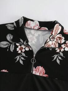 SHEIN Clasi Plus Size Women Thin Printed Patchwork Zip-Up Ribbed Cropped Sweatshirt - Multicolor - View 5