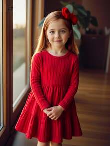 Emery Rose Kids Emery Rose Kids 年轻女孩条纹天鹅绒 A 字裙，优雅长袖蛋糕裙，适合生日派对、度假，非常适合秋冬季休闲日常穿着和上学日常，适合圣诞节、母女搭配 - 紅色 - 查看 4