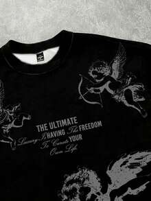 Manfinity Roghcode Men's Casual Round Neck Short Sleeve T-Shirt, Angel Print, Summer - Black - View 2