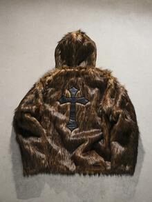 AXEPEAK Plus Size Men's Cross Embroidered Faux Fur Hooded Long Sleeve Jacket - Brown - View 3