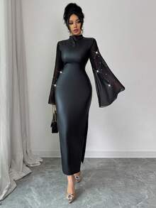 SHEIN Elenzya 女士优雅派对珍珠装饰长袖开衩长裙 - 黑色 - 查看 5