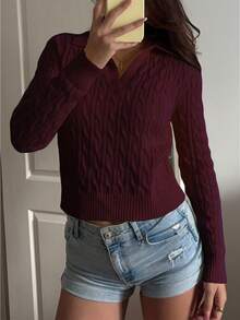 Sunnyshic 女士休闲抽绳长袖针织衫，浅黄色，秋冬款 - 酒紅色 - 查看 5