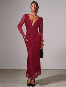 COSMINA Váy ren nhún bèo thanh lịch dành cho nữ - Màu Đỏ Sâu - Xem 4