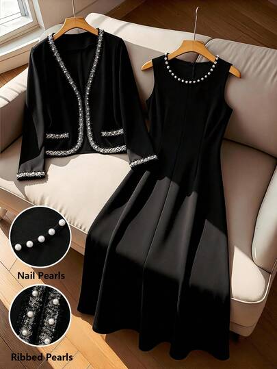 SHEIN Franclia Franclia 女士优雅黑色撞色珍珠边长袖开衫外套和珍珠装饰圆领长裙两件套，秋冬款