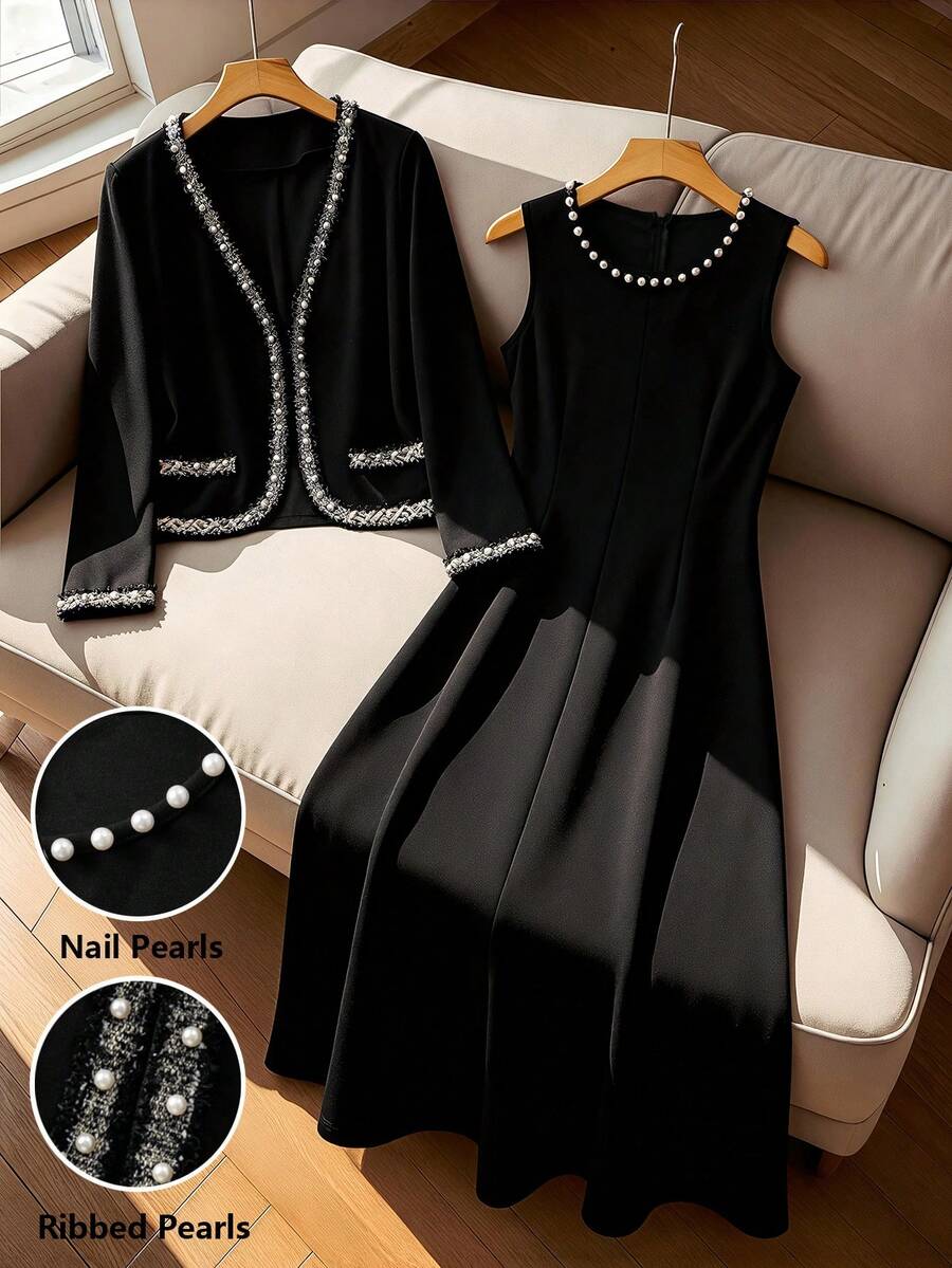 SHEIN Franclia Franclia 女士优雅黑色撞色珍珠边长袖开衫外套和珍珠装饰圆领长裙两件套，秋冬款