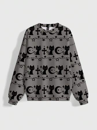 Goth Dark Cat Cross Print Cute Round Neck Long Sleeve Women Sweatshirt, Autumn/Winter/Spring