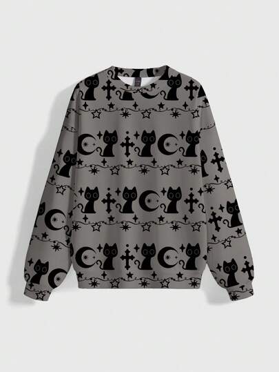 Goth Dark Cat Cross Print Cute Round Neck Long Sleeve Women Sweatshirt, Autumn/Winter/Spring
