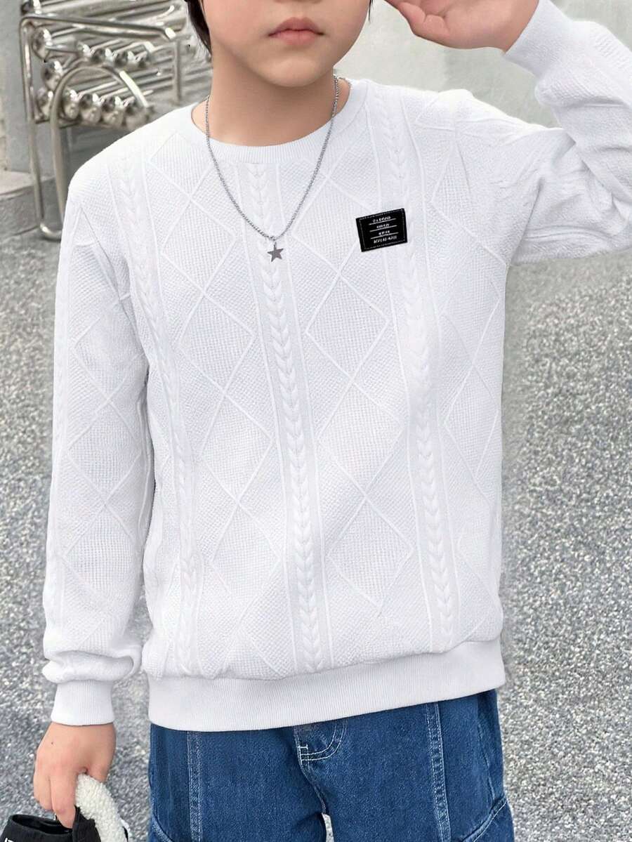 SHEIN 青少年男孩几何贴花圆领休闲长袖运动衫 - 白色 - 查看 1