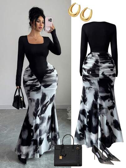 SHEIN Elenzya New Women's Square Neck Long Sleeve Pleated Hem Printed Color Block Design Knit Party Bodycon Dress