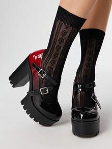 ROMWE Goth Women's Vintage Black-Red Ombre Thick Platform Chunky Heel Pumps, Spring/Autumn Fashion Dual-Tone Metal Buckle Elastic Band Closed Toe High Heel Oxfords For Christmas - Red - View 1