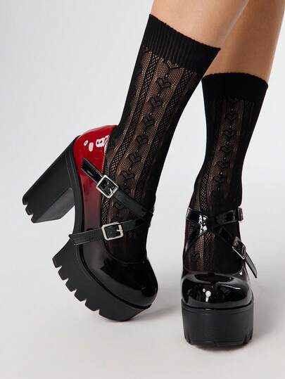 ROMWE Goth Dam vintage svart-röda ombre tjocka platåpumps med grov klack, vår-/höstmode med tvåfärgat metallspänne och elastiskt band, stängd tå och högklackade oxfords