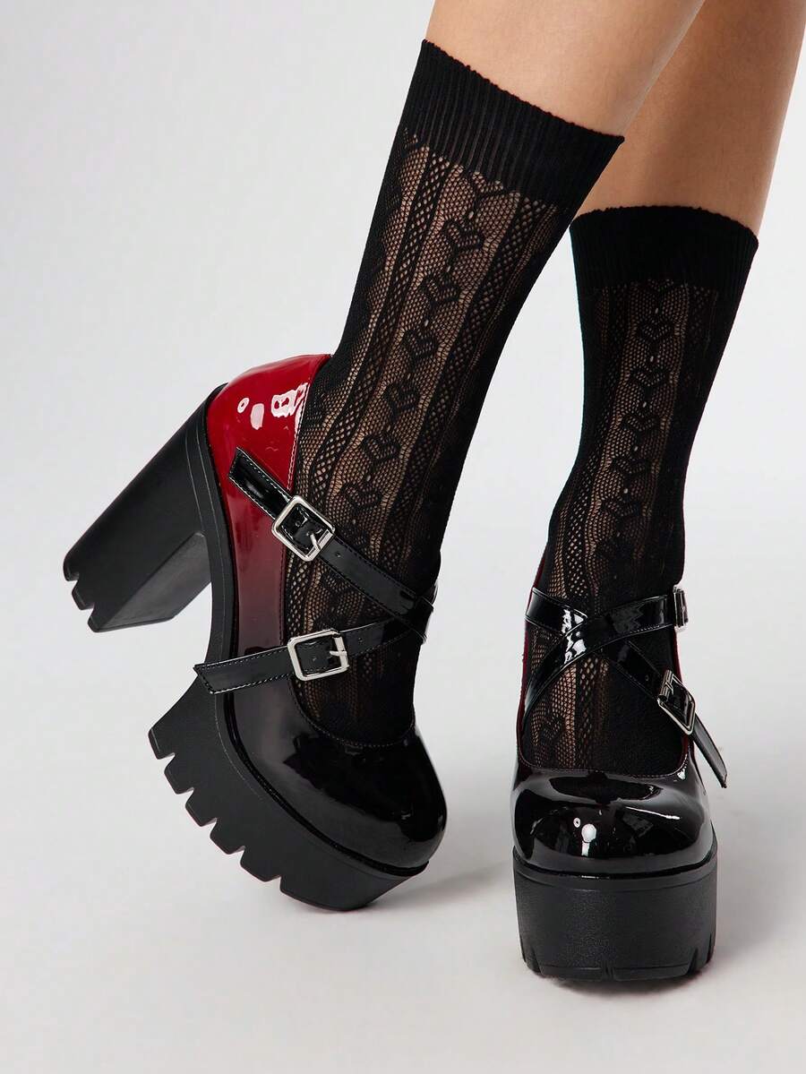 ROMWE Goth Women's Vintage Black-Red Ombre Thick Platform Chunky Heel Pumps, Spring/Autumn Fashion Dual-Tone Metal Buckle Elastic Band Closed Toe High Heel Oxfords For Christmas - Red - View 1