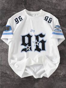 SHEIN 男童休闲篮球运动数字和字母印花涂鸦圆领短袖 T 恤，适合所有季节 - 白色 - 查看 1