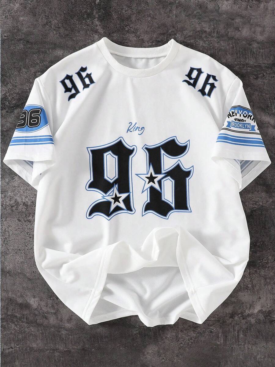 SHEIN 男童休闲篮球运动数字和字母印花涂鸦圆领短袖 T 恤，适合所有季节 - 白色 - 查看 1