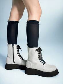 Sugerpunk Seksowne, modne, błyszczące, okrągłe botki na platformie, w stylu punk, z kryształkami, zapinane na zamek z boku, sznurowane, odpowiednie na imprezę, dojazdy do pracy i jazdę konną - Srebro - Zobacz 6