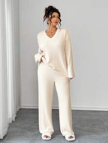 EMERY ROSE 女式加大码两件套，宽松 V 领长袖上衣和直筒裤，温暖纹理面料，舒适家居服，适合休闲穿着 - 杏色 - 查看 5