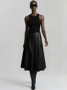 Ontre Women's PU Leather Pleated Pencil Skirt, Urban Commute Business Elegant, Suitable For Valentine's Day Party