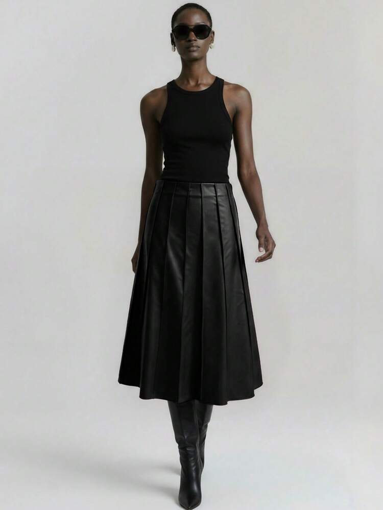 2026 Spring/Summer New Women's PU Leather Pleated Pencil Skirt, Versatile For Urban Commute, Business, Elegant, Suitable For Saint John's Day Beach Outfit, Holiday, Country Music Festival, Valentine's Day Party