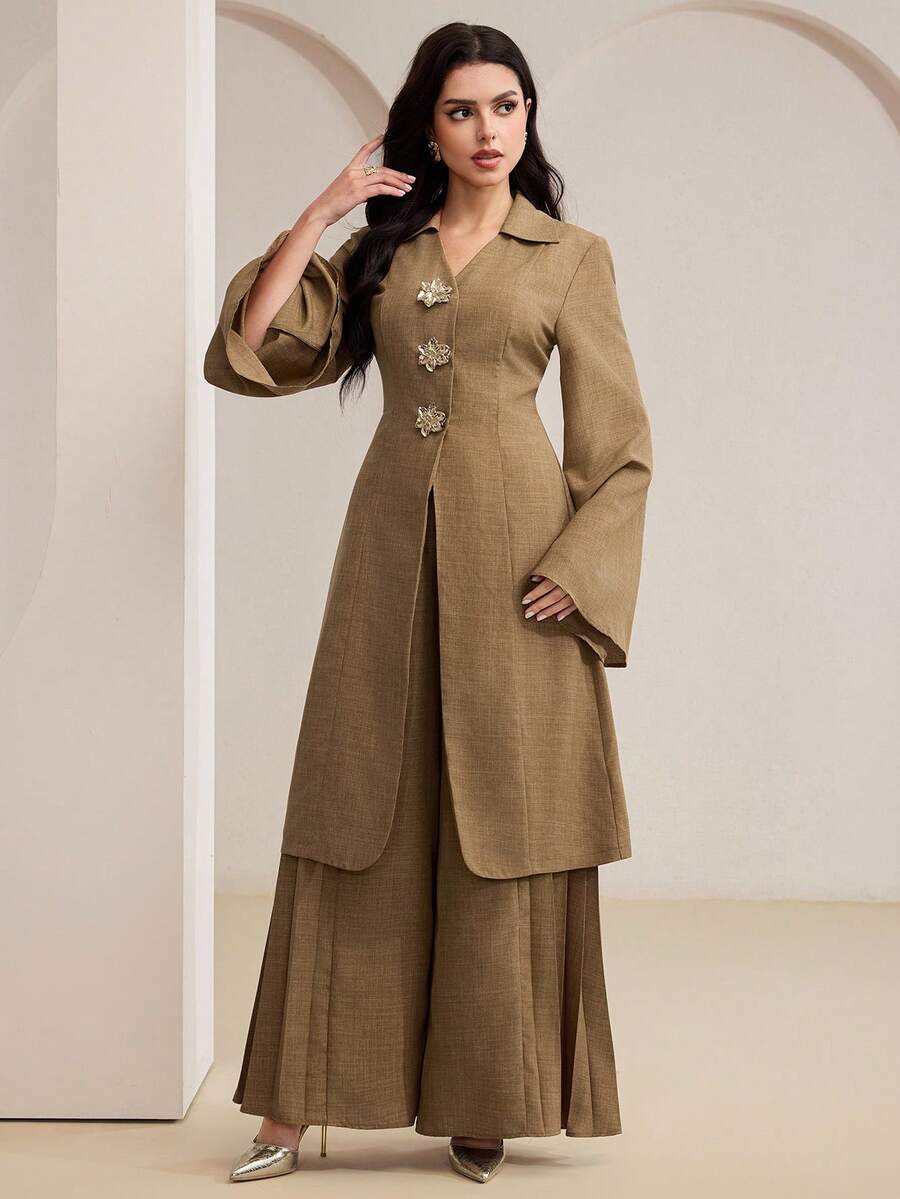 Veilorie Women's Metal Flower Single-Breasted Flare Sleeve Jacket And Wide-Leg Pants Elegant 2 Pieces Set Wedding Office Dinner Khaki Fall - Brown - View 1