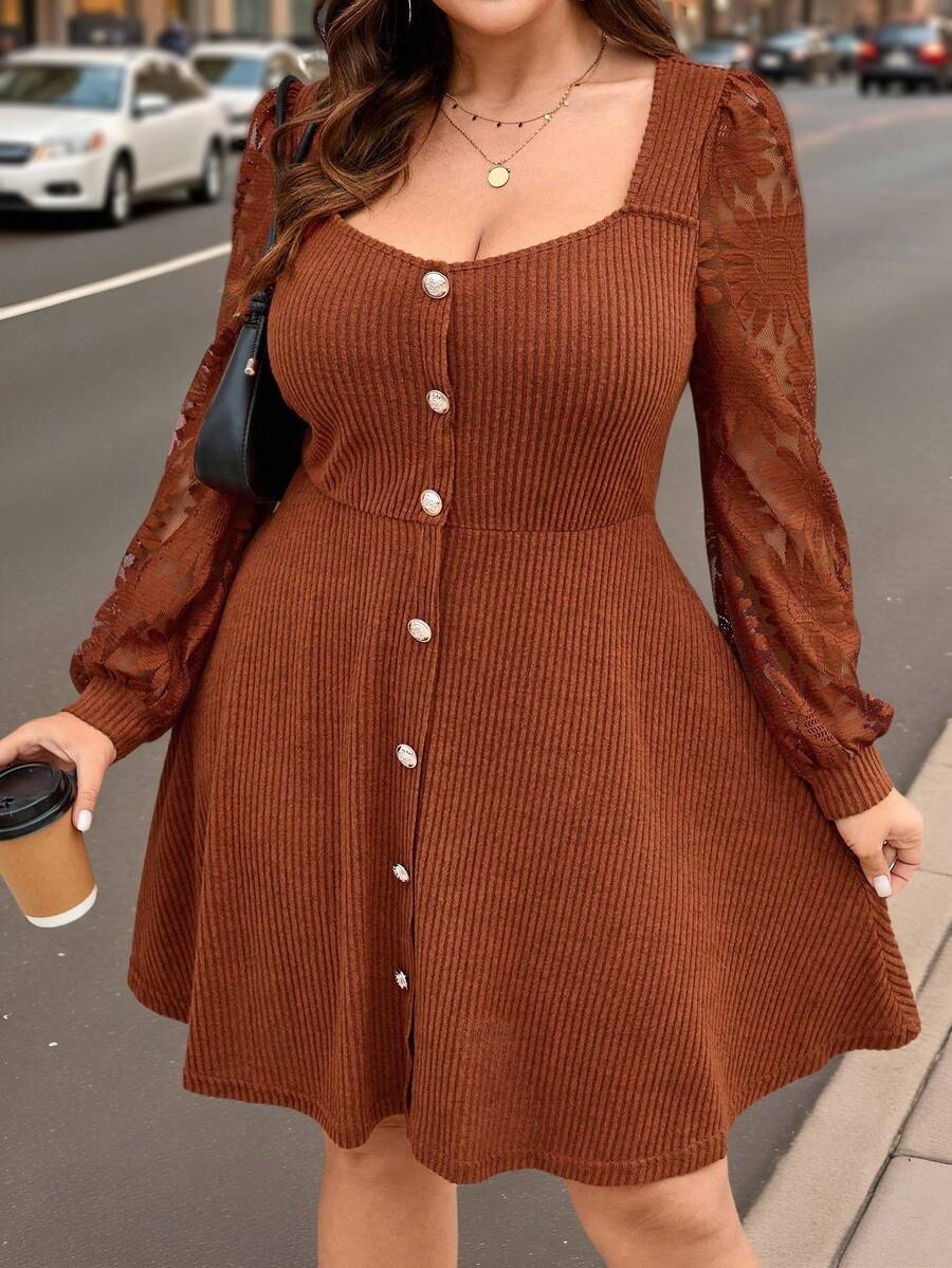 EMERY ROSE 大码女式纯色网纱刺绣拼接针织毛绒罗纹圆领长袖A字休闲短裙 - 棕色 - 查看 1