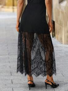 Solivie 女士纯色宽松休闲撞色蕾丝半身裙，适合外出、通勤、机场休闲、教师外出等场合，优雅撞色蕾丝半身裙，秋冬季派对、新年圣诞节皆宜。 - 黑色 - 查看 2