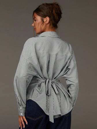 Athîral Randig skjorta med Dolman-ärm och knytning baktill för dam, höst, casual, vardagsstil