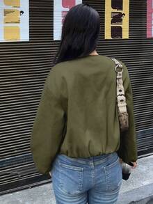 EMERY ROSE 女士纯色前拉链落肩长袖短外套 - 軍綠色 - 查看 2
