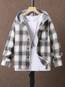 SHEIN Tween Boy Plaid Long Sleeve Single-Breasted Pocket Hooded Shirt, Autumn