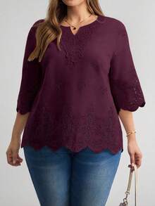 LUNE Blusa de verano de talla grande, de unicolor, hueca, bordada, casual, para vacaciones, temporada de bodas, nuevo diseño de playa para mujer - Burdeos - Ver 4