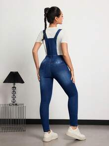 SHEIN Tall Bộ đồ liền thân denim bó sát thường ngày có túi trang trí nút dành cho nữ - Rửa trung bình - Xem 2