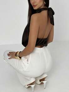 Aloruh Coffee Color Minimalist Criss-Cross Backless Crop Top For Office/Casual Wear - Coffee Brown - View 1