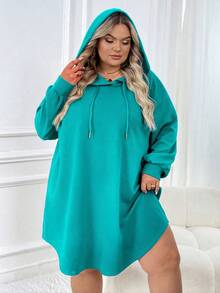 SHEIN CURVE+ Váy nỉ trùm đầu dáng rộng thể thao thường ngày cỡ lớn cho nữ có viền cong, mùa thu/đông - màu xanh lá - Xem 6