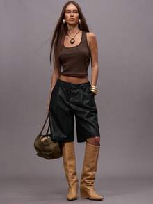 MUSERA Pleated Suit Pant Style Faux Leather Co-Ord Bottoms Only Night Out Going Out Streetwear Cute Back To School Sexy Uncut Spring - Black - View 2